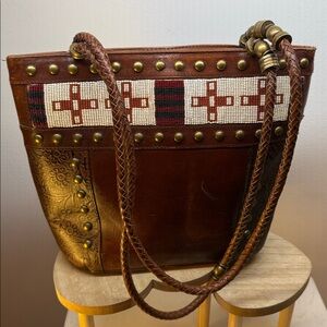 VINTAGE  LEATHER Embroidered Tote Bag WITH BEADING AND HAND DESIGNED.